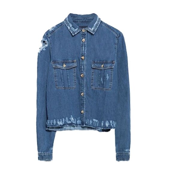 Zara Jackets & Blazers - ZARA ripped Denim Button down Long Sleeve Size L